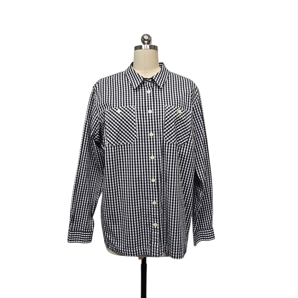 Duluth Trading Co Womens XL Black White Gingham Check Button Down Shirt Stretch